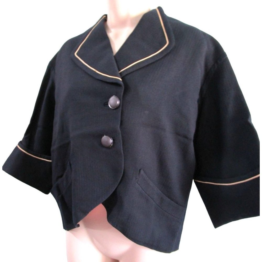 Vintage Navy Blue Twill Stripe Ladies Jacket Blush Satin Lining White Piping L